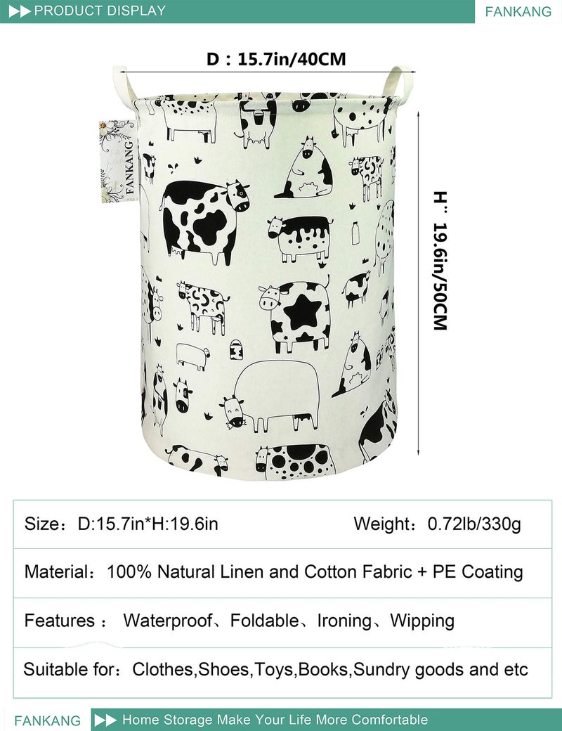 FANKANG Storage Basket, Nursery Hamper Canvas Laundry Basket Foldable with Waterproof PE Coating Large Storage Baskets for Kids Boys and Girls, Office, Bedroom, Clothes,Toysï¼ˆCowsï¼‰ - Image 2